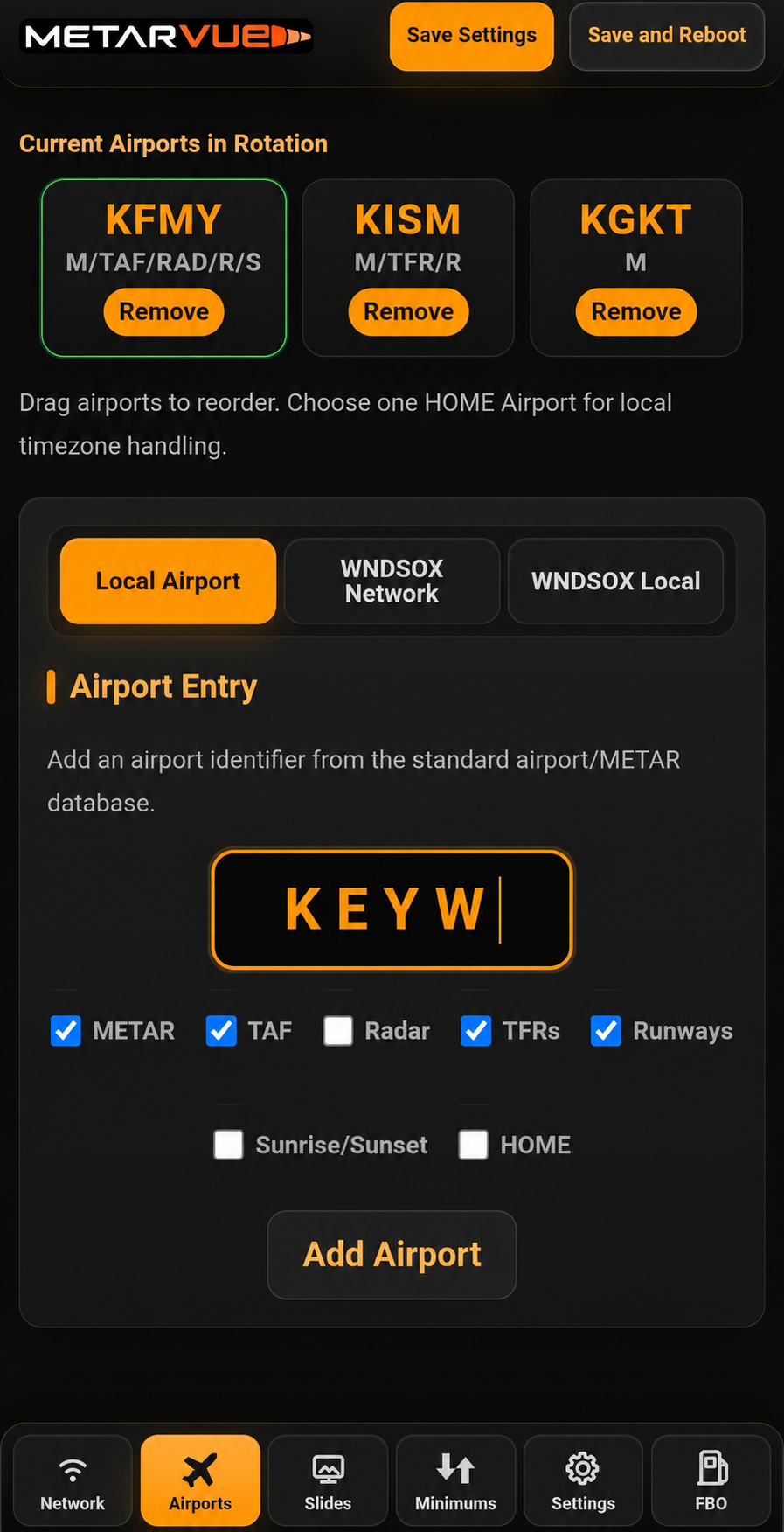 METARVUE portal settings screenshot